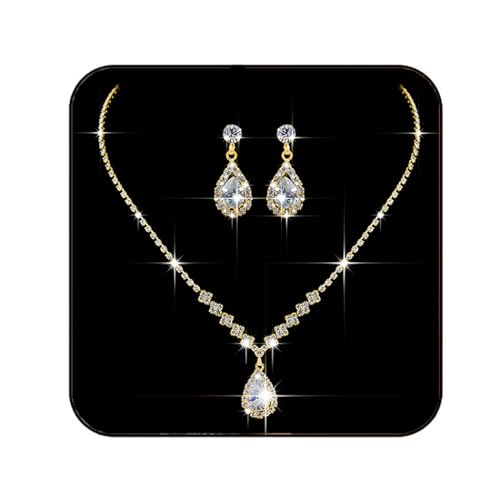 JAKAWIN Bride Silver Bridal Necklace Earrings Set Crystal Wedding Jewelry Set Rhinestone Choker Necklace for Women (Set of 3) (NK144-3) (2 Gold)