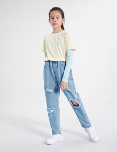Qibabu Kid Big Girl's Baggy Ripped Jeans Elastic Waist Washed Denim Pants For 8-14 Years(0865-Rippedblue-11/12Y) #TOP1