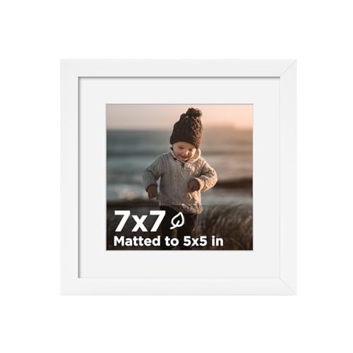 KINLINK 7x7 Picture Frame White Wooden Square Photo Frame Matted 5x5 with Plexiglass for 5x5 with Mat or 7x7 without Mat for Table and Wall Display