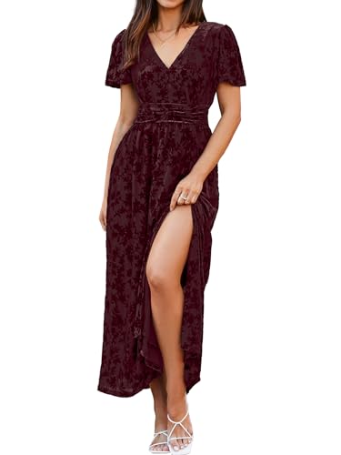 Image of Simplee Women's Velvet Maxi Dress V Neck Short Sleeve Empire Waist Semi Formal Long Cocktail Dresses