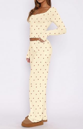 Lacozy Cute Pajamas for Women Set 2 Piece Long Sleeve Square Neck Cherry Pjs Set Y2K Sleepwear Lounge Set Fall Winter3
