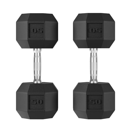 GarveeLife 50 Lbs Rubber Encased HEX Dumbbell Set of 2, Exercises & Fitness Free Weights Dumbbells Set for Women & Men, Hand Weight for Strength Training, Black