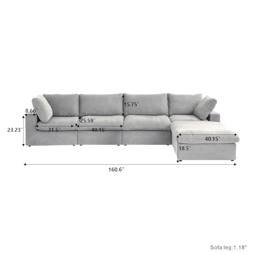 Cloud Couch Modular Sectional Sofa,160.6" L Shaped Convertible Sectional Sofas with Storage Ottoman for Living Room,Minimalist Deep 5 Seater, Covers Washable&Replaceable(Grey)