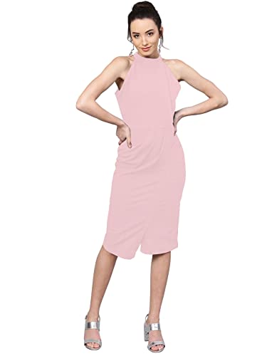 Image of Shasmi Women's Comfortable Red Halter Neck Sleeveless Solid Midi Bodycon Casual Western Stylish Dress