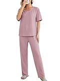 POKWAI Womens Pajamas Soft Short Sleeve Shirts and Long Pants Two Piece Pajamas Pj Sets(Bean Paste,XX-Large)