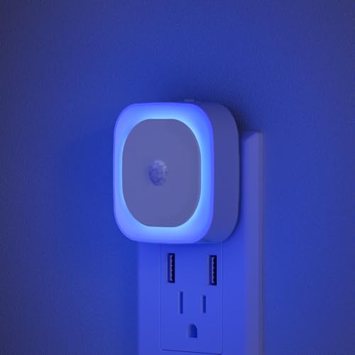 Image of YUNLEX 2 Pack Plug in Night Light with Motion Sensor & Dusk to Dawn Sensor, 3 in 1 Blue Night Lights Plug into Wall, Dimmable Nightlight for Bathroom, Bedroom