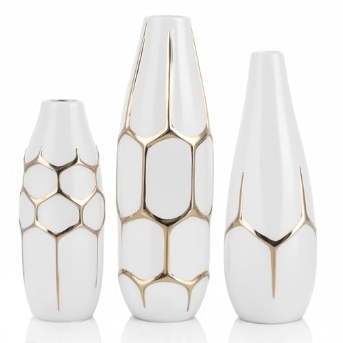 Ceramic Geometric Decorative Vase Set of 3, White and Gold