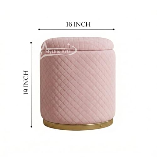 Image of Premium Round Storage Ottoman Stool 16 X 16X 19 inch, with Gold Metal Base | Luxury Pouffe with Hidden Storage | Cushioned Footrest for Living Room, Bedroom & Lounge Pink
