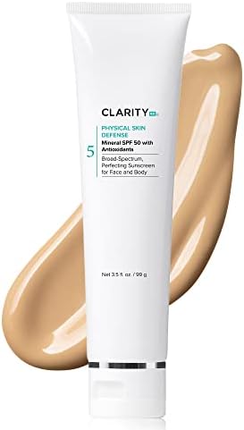 ClarityRx Physical Skin Defense Tinted Mineral SPF 50 Moisturizing Sunscreen, Natural Plant-Based Water-Resistant UV Protection with Zinc & Hyaluronic Acid for Face & Body (3.5 oz)