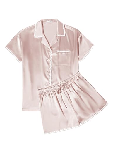 Image of Ekouaer Womens Silk Pajama Sets 2 Piece Satin Pj Set Button Down Shirt and Shorts Lounge Sets Classic with Pockets