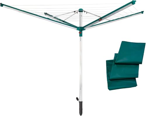 Leifheit Séchoir parapluie Linomatic 500 Deluxe Cover, étendoir parapluie grande surface d'étendage avec douille fixation et housse de protection, séchoir à linge jardin solide et résistant, Easy-lift