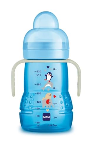 MAM Tasse d'entraînement Night, avec tétine en silicone Skinsoft anti-goutte, facile à attraper, avec poignées qui brillent dans le noir, 4 mois 220 ml, bleu clair