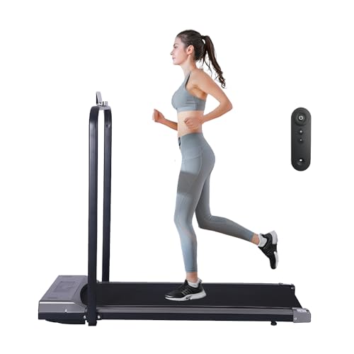 Under Desk Treadmill Foldable with App & Remote Control Bluetooth Speaker Walking Running Pad Machine Adjustable Speeds LED Display for Home or Office A1F with Holder (Grey)