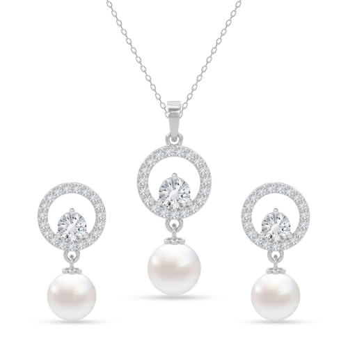 Image of CLARA 925 Sterling Silver Dante Pearl Pendant Earrings Chain Jewellery Set