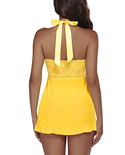 Avidlove Babydoll Lingerie for Women Lace Chemise Sleepwear Ruffle Lingerie Dress Yellow