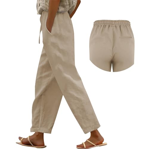Linen Pants for Women Casual Lightweight Drawstring Elastic Waist Pants Summer Beachwear Capri Pants with Pockets4