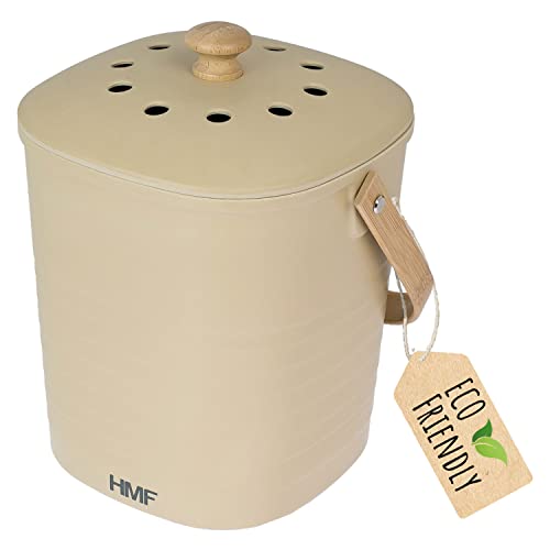 HMF Poubelle bio durable de cuisine, seau à compost inodore avec couvercle, 3 litres, beige
