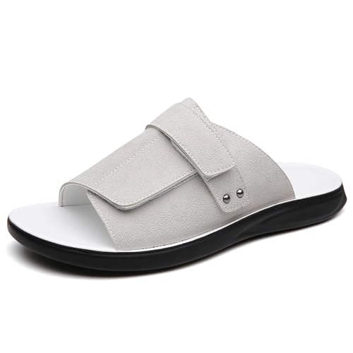 QEOSNBX Men'S Leather Platform Slide Sandals With Adjustable Hook And Loop Fashion Round Toe Open Comfortable Slip On Soft Sole Non-Slip Casual Slippers For Daily Beach Walking (White,9)