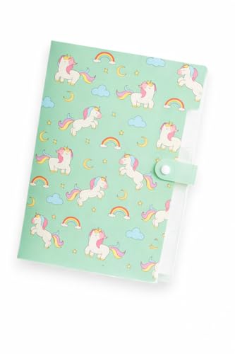 Image of Multi Color A4 Paper File Folder with Button Lock | Unicorn Theme Certificate Holder with 4 Pockets | Expandable Office Document File | (Sent Randam Color & Degsin) (Green (Horse))