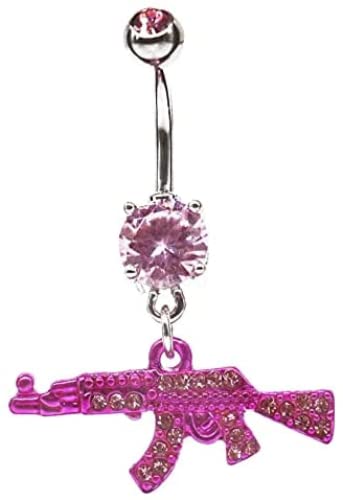 ZHAIQIUYAN Fashion Dangle Navel Ring Clear Gem Gun Belly Button Ring Body Piercing Jewelry for Women Belly Piercing (Pink)