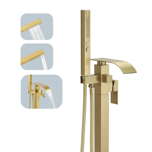 BESy Tub Filler Freestanding Bathtub Faucet Matte Black Floor Mount Tub Faucet Waterfall Free Standing Bathtub Filler High Flow Brass Bath Shower Faucets with Handheld Sprayer by BESy - Used condition - CA$130.50