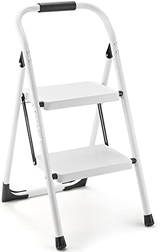 ASPERLAD Step Ladder Folding 2 Step Stool Adult with Wide & Anti-Slip Pedals Ergonomic Portable Steel Ladder for Household, Kitchen, Office 330LBS