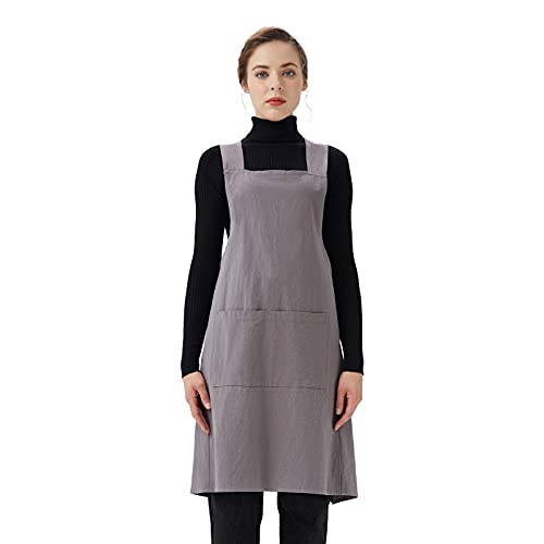 Surblue Cotton Linen Cross Back Aprons Solid Color Unisex Pinafore Vintage Apron Japanese Style With 2 Pockets For Kitchen Cooking Baking Painting Gardening Cleaning For Women Men, Grey #TOP6