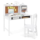FANTASK Kinderschreibtisch Set mit Stuhl & Pinnwand, Holz Schreibtisch mit Aufsatz, Schublade und Regalen, Schülerschreibtisch für Kinderzimmer, Kinder ab 3 Jahren (Weiß)