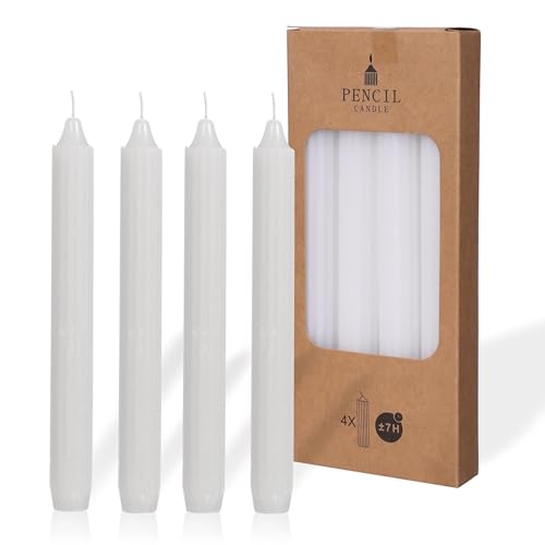 COMFORDER Juego de 4 velas de mesa monocromáticas + acanaladas, 20 cm, 7 horas de combustión (blanco)