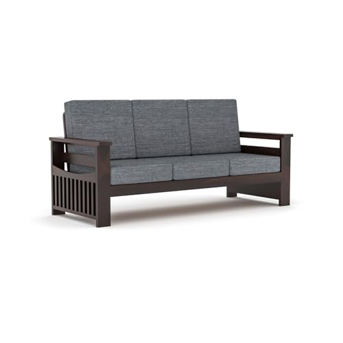 Image of Sheesham Wooden 7 Seater Sofa for Living Room | Rosewood 7 Seater Cushion Sofa Side Half Moon Rack | Solid Wood Sofa Set for Lounge (-3+2+2,Walnut Finish)