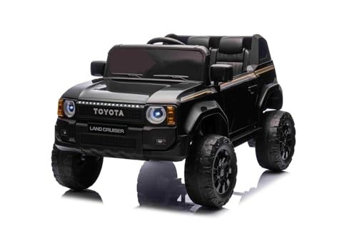 Coche eléctrico para niños Toyota Landcruiser 12V, Negro, Asiento Individual Ancho, Control Remoto 2,4 GHz, Entrada USB/AUX, Bluetooth, suspensión, batería de Litio, Luces LED, 2 Motores de 25W