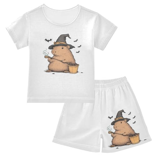 Capybara Halloween White Pajama Set Short Sleeve PJ Set Cotton Summer Pajamas Sleepwear Soft 5Y