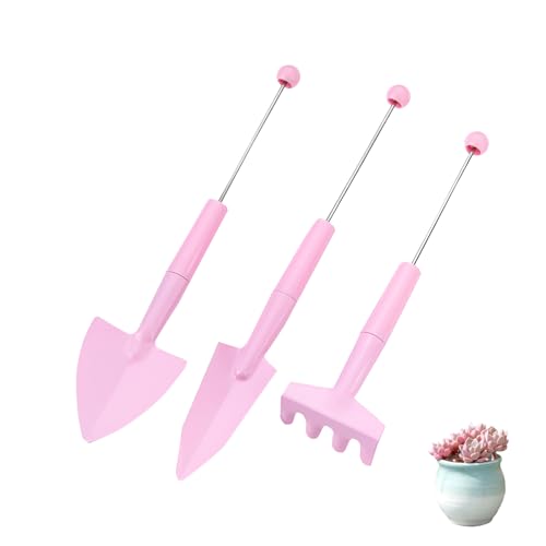 Mini Gardening Tools Set –3 Piece Pink Succulent Tools Kit for Small Indoor Plants, Potted Plants, and Bonsai – Essential Mini Shovel, Rake, and Trowel