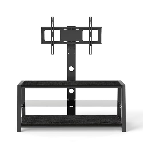 GMLFVUIPLJ Modern TV Stand with Mount, 3-Tier Entertainment Center, Black Wood and Glass, 45.6x16.1x47.8 Inch, Swivel Mount, Storage Shelves (Black + Glass+Metal)
