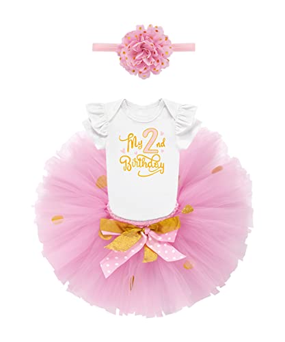 Daddy's New Fishing Buddy Baby Girl 2Nd Birthday Outfit Mini Polka Dot Shiny Skirt Princess Dress With Headband Romper Set (Hot Pink 2Nd，18-24Months) #TOP14