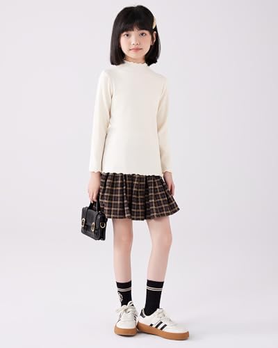Image of ACESTAR Girls Solid Lettuce Trim Mock Neck Shirt Long Sleeve Slim Fit Ribbed Knit Tee Ruffle Tops Soft Base Layer