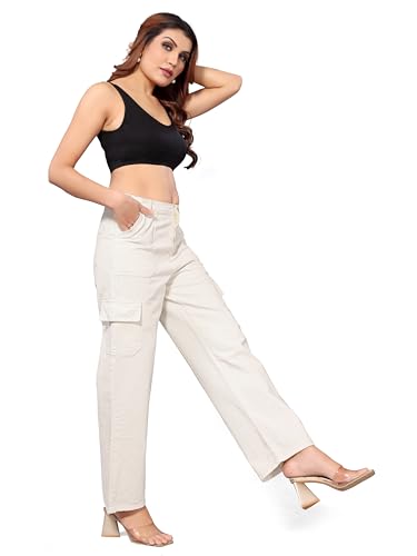 Image of ELLITI Women's 6 Pocket Regular Fit High Rise Relaxed /Boyfriend Fit, Wide Leg, Bell Bottom, Pure Denim Ankle Length Jeans Pants