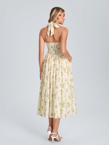 Image of Parthea Women's Floral Halter Corset Midi Dress 2026 Elegant Smocked Flowy Wedding Guest Dresses with Pockets