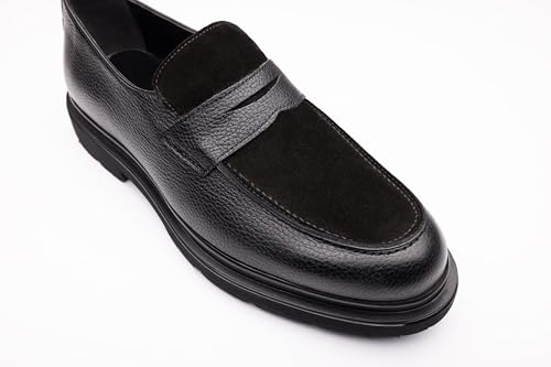 Image of Men's Leather Penny Loafers with Lug Sole - Slip-On Casual Dress Shoes, Full-Grain Leather & Suede Upper, Comfortable Rubber Sole