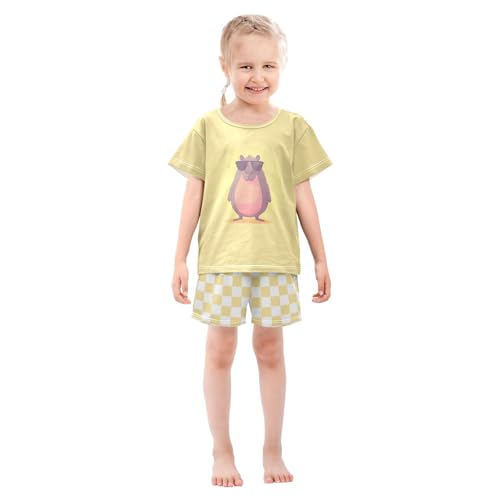 Checkerboard Plaid Sunglasses Yellow Pajama Set Short Sleeve Sleepwear Soft Pajamas Shorts Sets Cotton PJS 5Y3