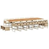 HBFDSFG 17-Piece Outdoor Dining Set with 12 High-Back Cushion Chairs, 4 Stools, and Rectangular Poly Rattan Table, Beige and Brown