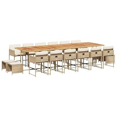 HBFDSFG 17-Piece Outdoor Dining Set with 12 High-Back Cushion Chairs, 4 Stools, and Rectangular Poly Rattan Table, Beige and Brown