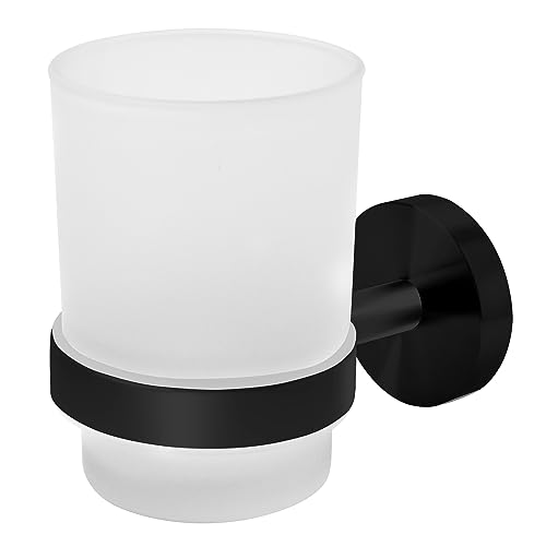Joeji's Wall Mounted Toothbrush Holders 2 Way Installation - Hygienic Toothbrush Storage Holder Bathroom Set of Frosted Large Toothbrush Holder Cup and Stainless Steel in Black…