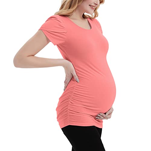 Debelly Women Maternity Blouse Shirts Tulip Sleeve Mama Pullover Tee Tops Side Ruched Crew Neck Pregnancy Tunic Spring Summer,Coral Red,S #TOP1