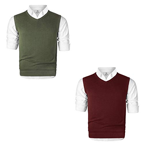 MOCOTONO Men's V-Neck Sweater Vest Green Large | Men's V-Neck Sweater Vest Maroon Large (Bundle)