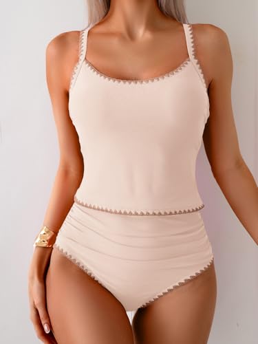 Image of Eomenie Tankini Swimsuit for Women Tummy Control Ruched Two Piece Bathing Suits High Waisted Shell Stitch Swimwear