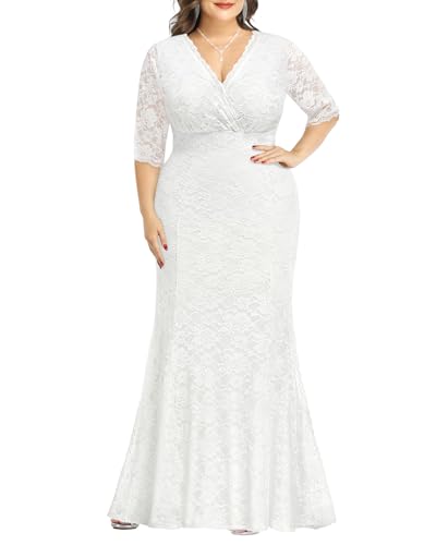 Hochzeitskleider für Braut in Übergröße – Meerjungfrau-Abendkleid, Wickelkragen, Spitzenkleid, Weiss/opulenter Garten, 52 Mehr