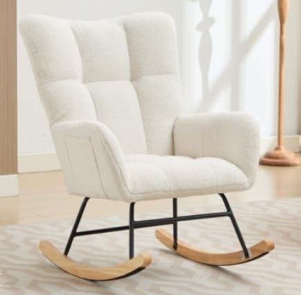 Image of Sudwesto Nursery Rocking Chair, Teddy Upholstered Rocking Chair with Footrest, Soft Rocker Chair with Side Pocket, Glider Chair with Padded Seat, Armchair, Accent Rocking Chair for Living Room (White)
