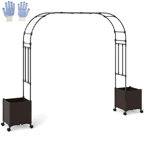 GiantexUK Garden Arch with Planter Boxes, Metal Pergola Trellis Arbour with Wheels & Self-Watering System, 2M Rose Vine Climbing Plants Support Archway for Lawn Patio Wedding (Black, 288 x 40 x 200cm)