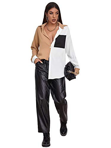 SheIn Women's Color Block Button Down Blouse V Neck Long Sleeve Collar Oversized Shirt Tops - Image 6